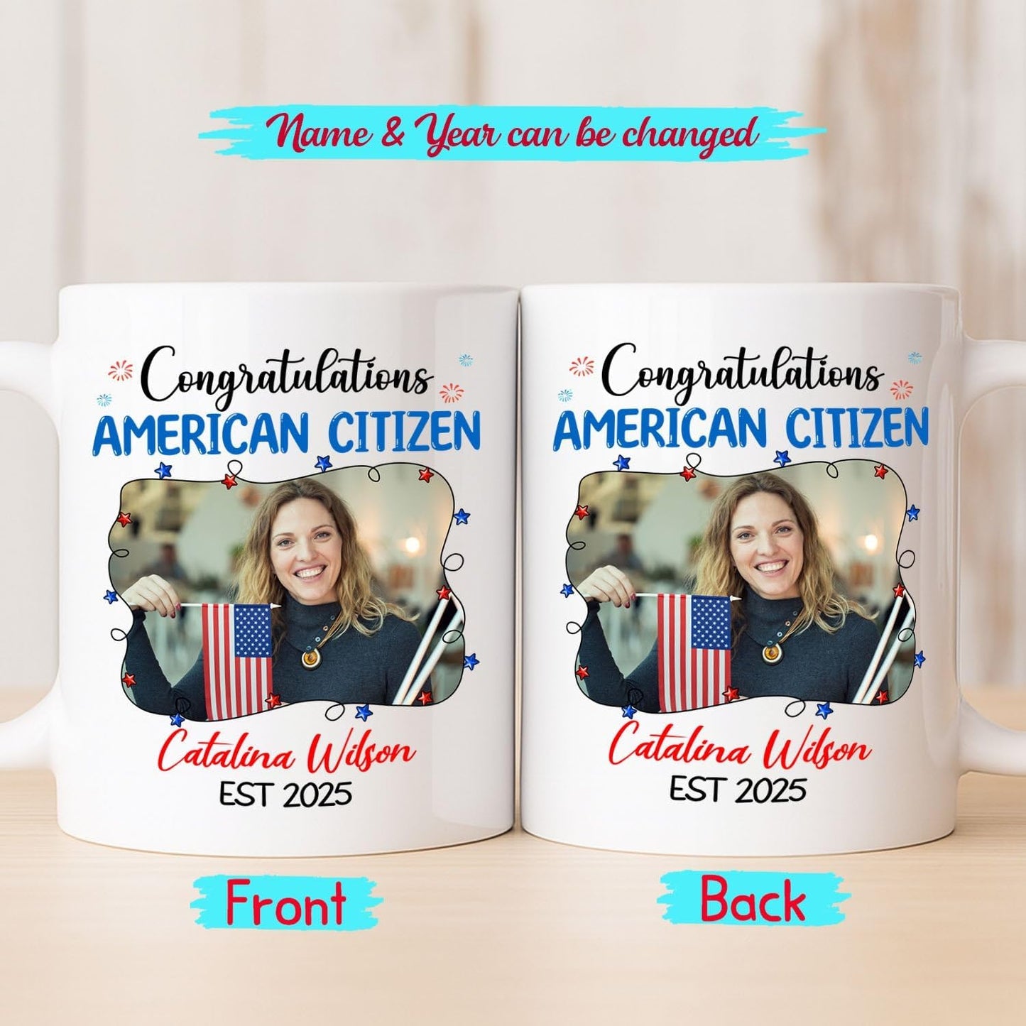 Congratulations American Citizen Coffee Mug, Customized Name Photo & Year On Citizenship Celebration White Cup Gift For Family Friend Coworker, Personalized Picture New US Citizen Ceramic Mug 11 15Oz