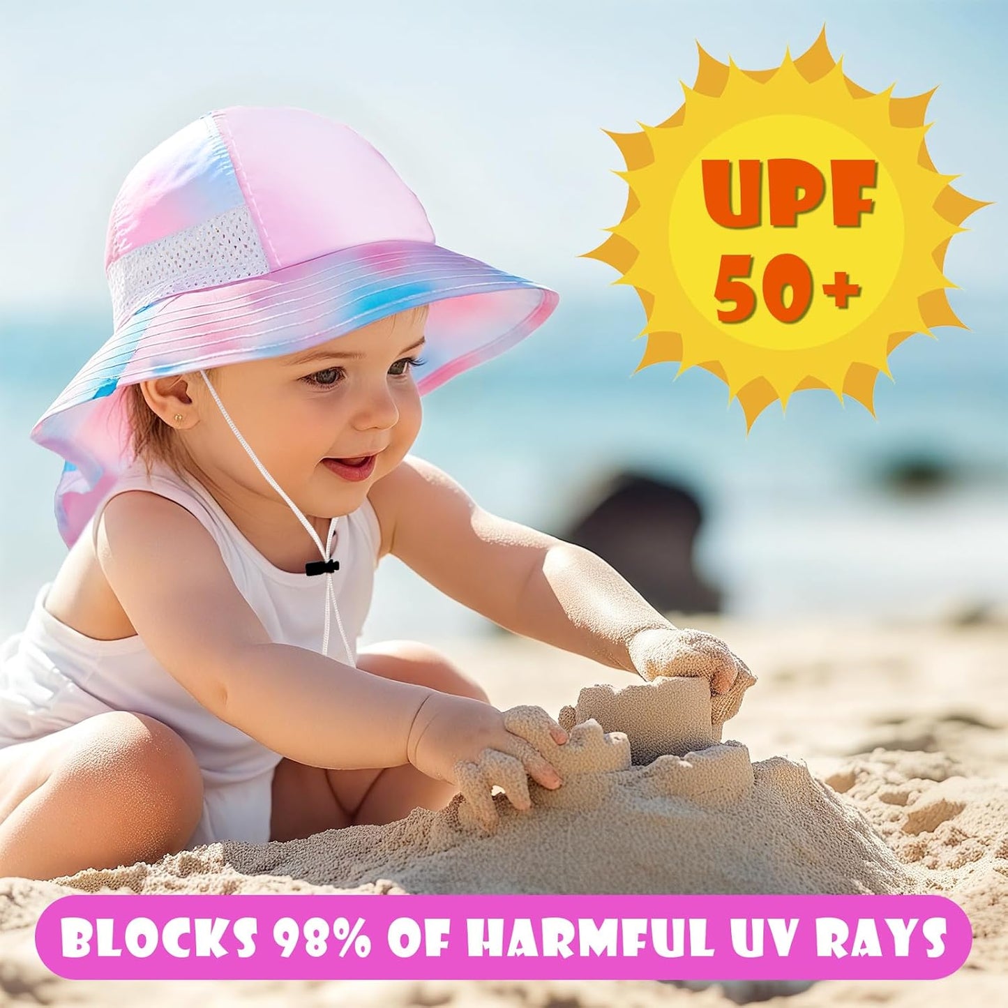 Toddler Baby Sun Hat Kids Summer UPF 50+ for Boys Girls Adjustable Beach Hats with Bucket Wide Brim Age 1-7 Years