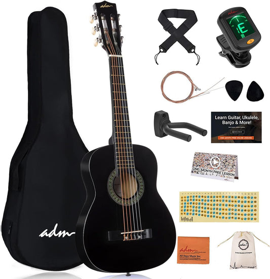 ADM Beginner Acoustic Classical Guitar 30 Inch Nylon Strings Wooden Guitar Bundle Kit for Kid Boy Girl Student Youth Guitarra Online Lessons with Gig Bag, Strap, Tuner, Extra Strings, Picks,Black 1
