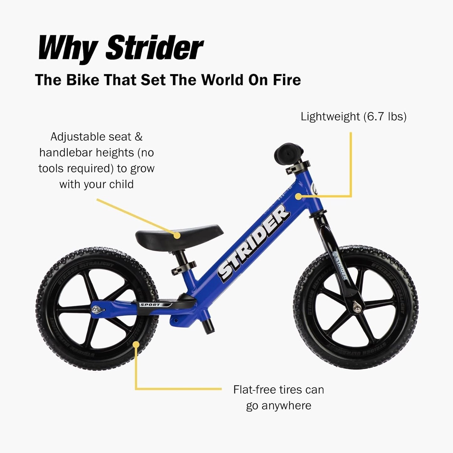 Strider 12” Sport Bike - No Pedal Balance Bicycle for Kids 1 to 4 Years - Includes Safety Pad, Padded Seat, Mini Grips & Flat-Free Tires - Tool-Free Assembly & Adjustments