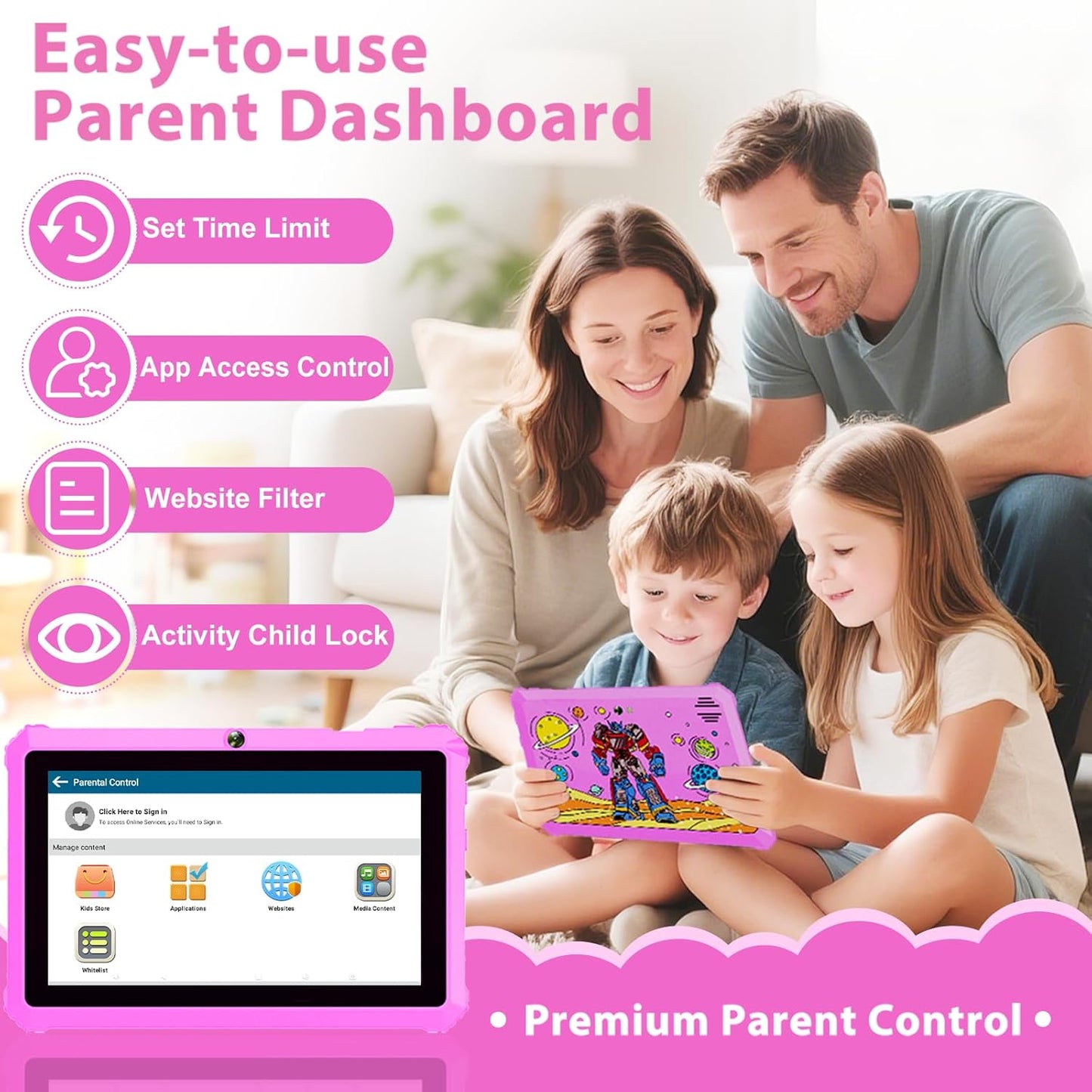 YINOCHE Kids Tablet 7 inch Toddler Tablet for Kids 3-7 32GB Android Tablets for Toddlers with Case WiFi Parental Control Dual Camera GMS Certified Toddler Learning Tablets for Children (Pink)