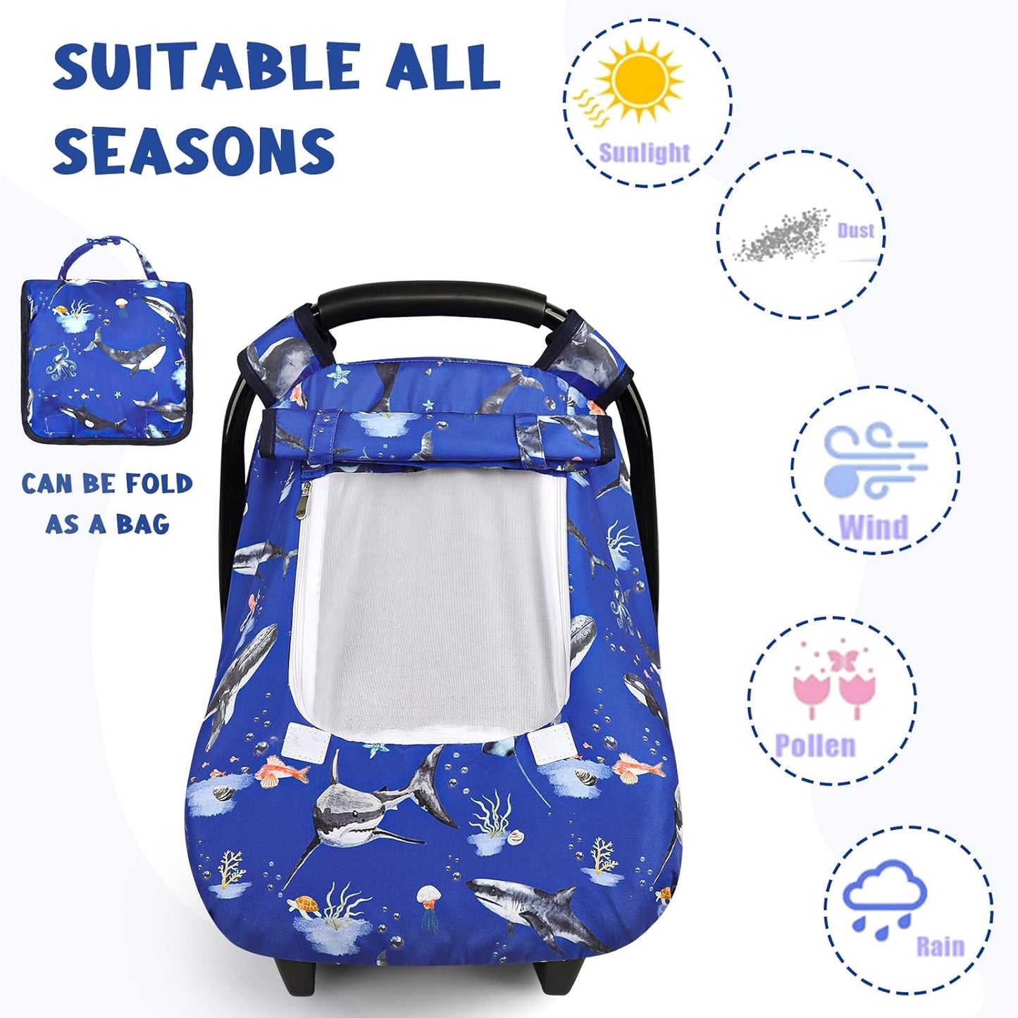 Pea Pod Car Seat Cover Baby, Infant Car Seat Canopy Covers for Newborn with 2 Layers Windows of Breathable Mesh Fabric, Lightweight Polyester/Soft Minky Dot Backing (Ocean)