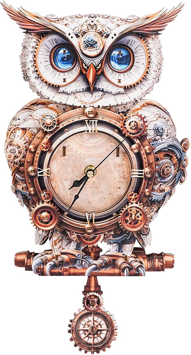 3D Puzzles for Adults Clock-Mechanical Owl Design Model Kit-Mechanical DIY Pendulum Clock with Roman Numerals-Desk Home Office Decor Personalized Gift for DIY Lovers