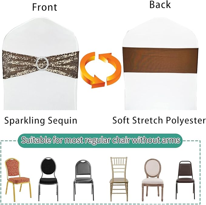 25 Pcs Chair Sashes Sequin Stretch Chair Bands Spandex Polyester Bows for Party Hotel Wedding Banquets Decoration - Coffee