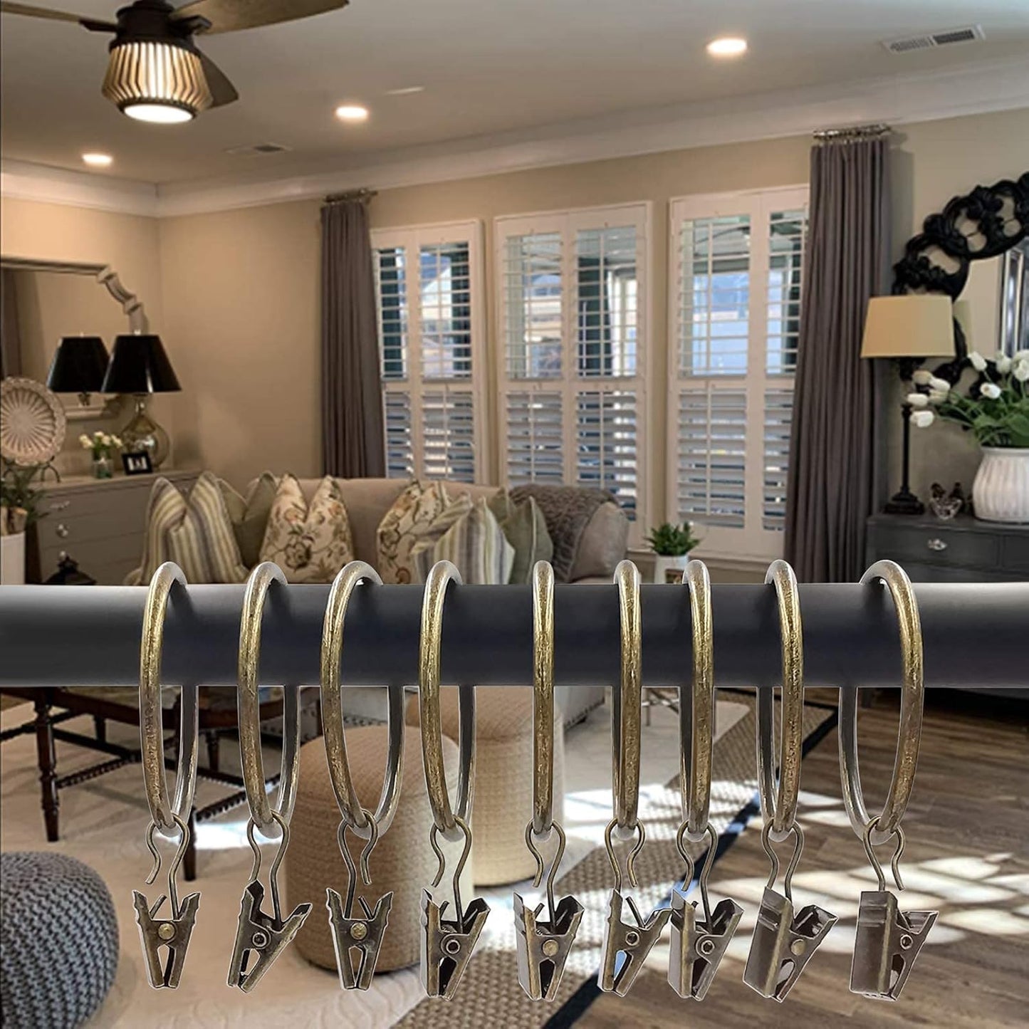 40 Pack Bronze Curtain Rings with Clips, Curtain Hooks Hangers Clip Rings for Hanging Drapes Bows Hat, Drapery Rings 1.77 in I D, Fits up to 1.5 in Diameter Curtain Rod.