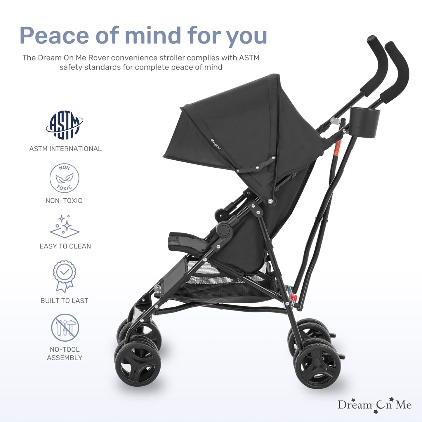 Dream On Me Rover Convenience Baby Stroller in Black, Lightweight & Compact Umbrella Stroller, Easy one-Hand fold Travel Stroller, Lockable Rear Wheels, Removable & Adjustable Canopy