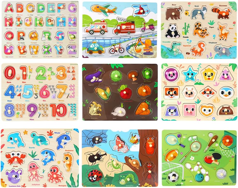 GRINNNIE 9 Pack Montessori Toddler Puzzle for 3 4 5 Years Old, Wooden Learning Puzzle for Toddlers 3-5, Animal, Alphabet, Number, Shape Peg Puzzles Set, Great Birthday for Boys Girls