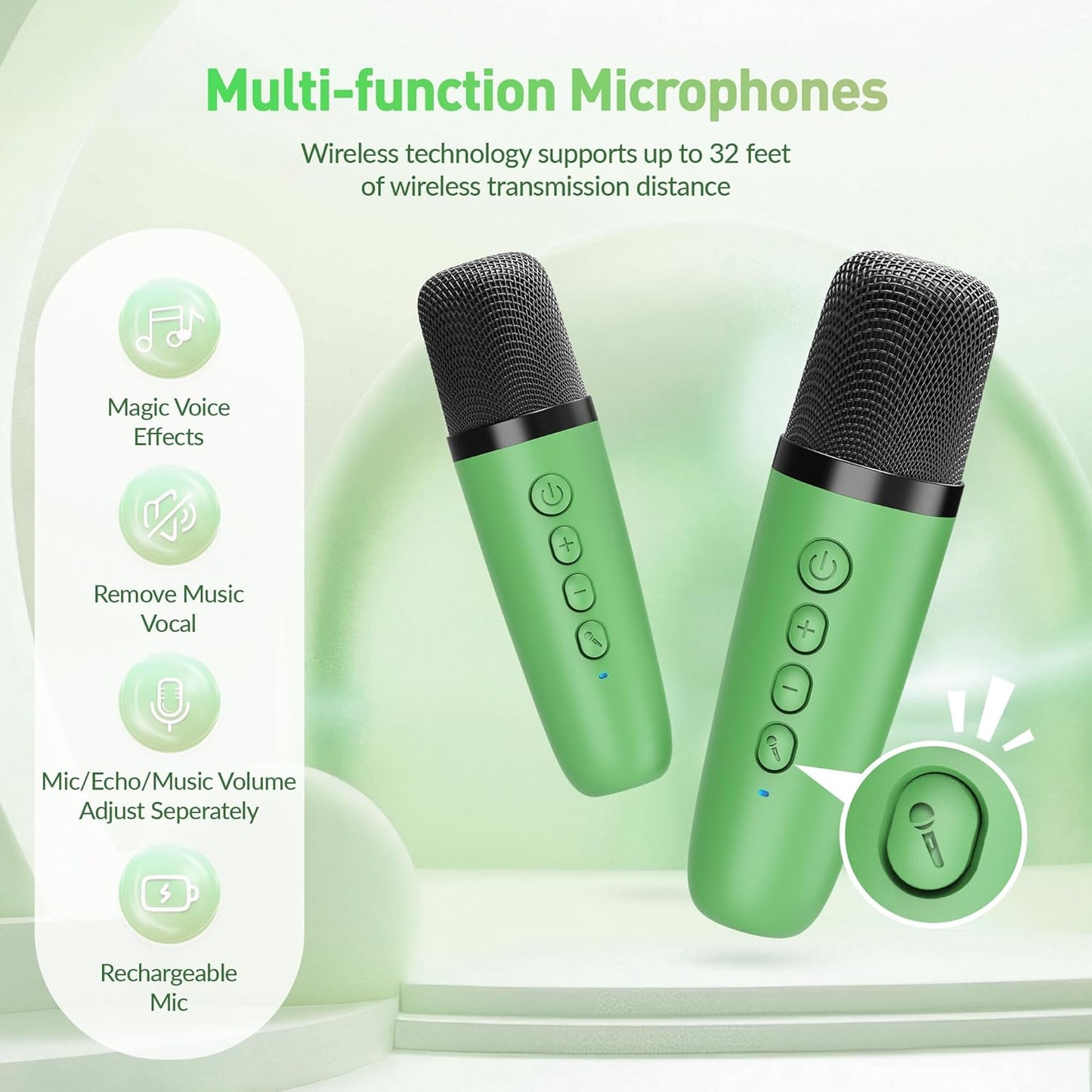 Mini Karaoke Machine：Portable Bluetooth Karaoke Microphone, Singing Speaker with 2 Wireless Mic and Light Kids Adults, Christmas Birthday Gifts for Girls Boys Family Home Party(Green)