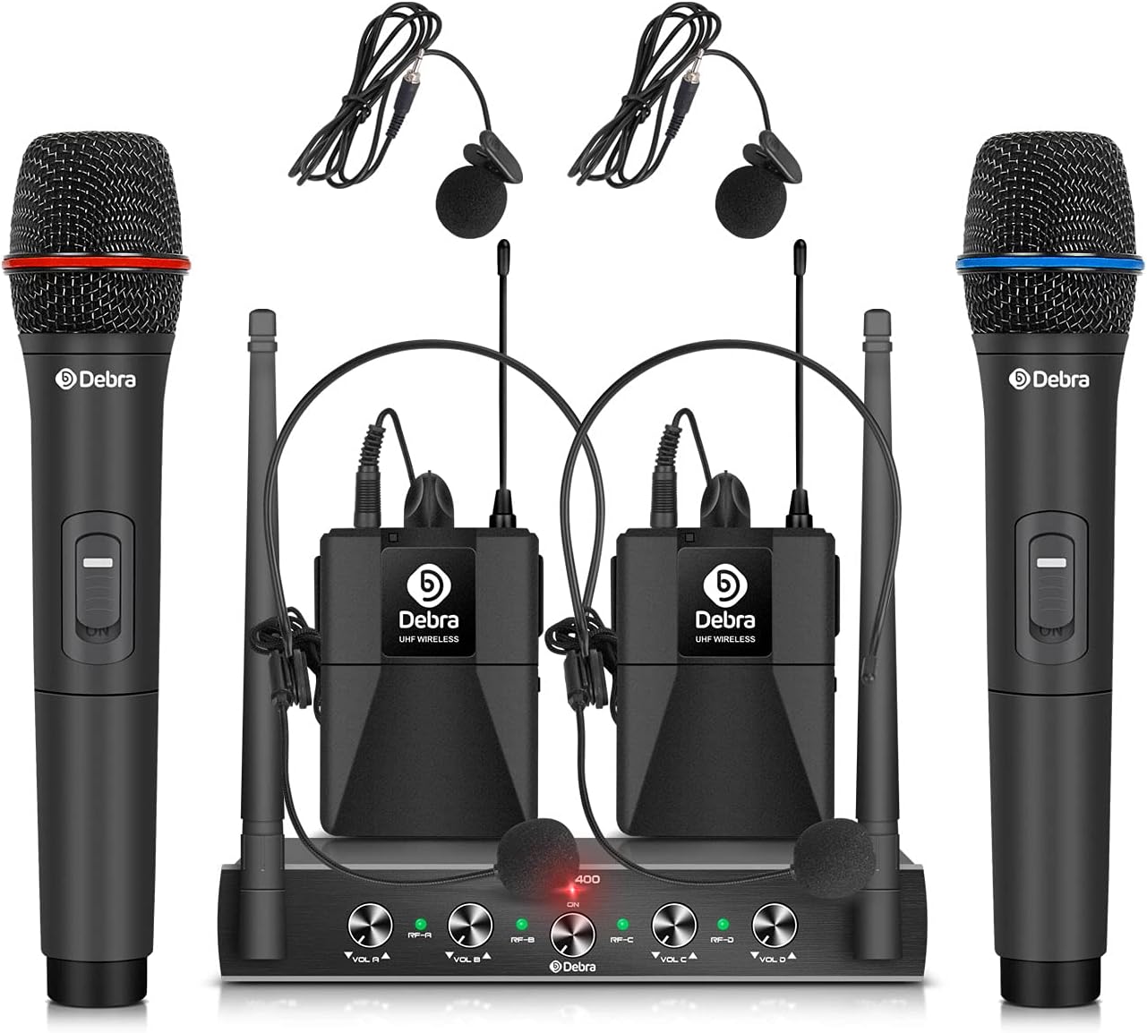 Debra Audio Pro UHF 4 Channel Wireless Microphone System with Cordless Handheld Lavalier Headset Mics, Metal Receiver, Ideal for Karaoke Church Party (with 2 Handheld & 2 Bodypack (B))