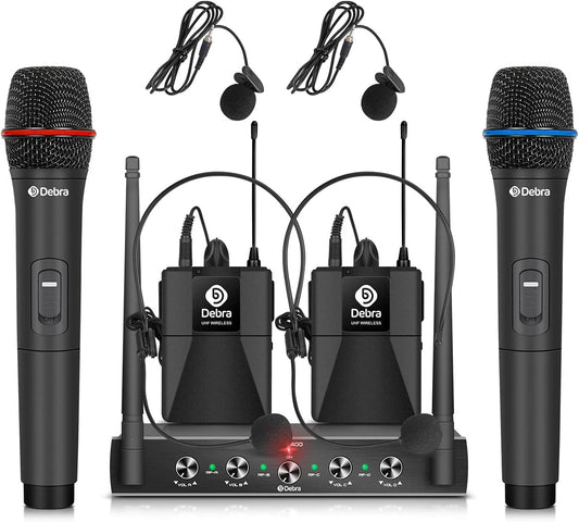 Debra Audio Pro UHF 4 Channel Wireless Microphone System with Cordless Handheld Lavalier Headset Mics, Metal Receiver, Ideal for Karaoke Church Party (with 2 Handheld & 2 Bodypack (B))