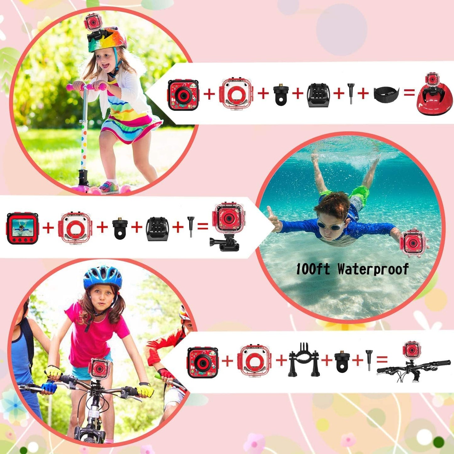 PROGRACE Waterproof Camera for Kids - Christmas Birthday Gifts for 3-12 Year Old Girls 1080P Toddler Digital Cameras Pool Toys for Kids Underwater Video Camera with 32GB SD Card Red