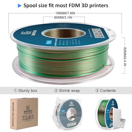 Geeetech Silk PLA Filament 1.75mm Silk Dual Color Filament, Coextrusion Dichromatic Metal-Like Shiny Consumable 1kg (2.2lbs) 1 Spool, Dimensional Accuracy +/- 0.02 mm, Green Red