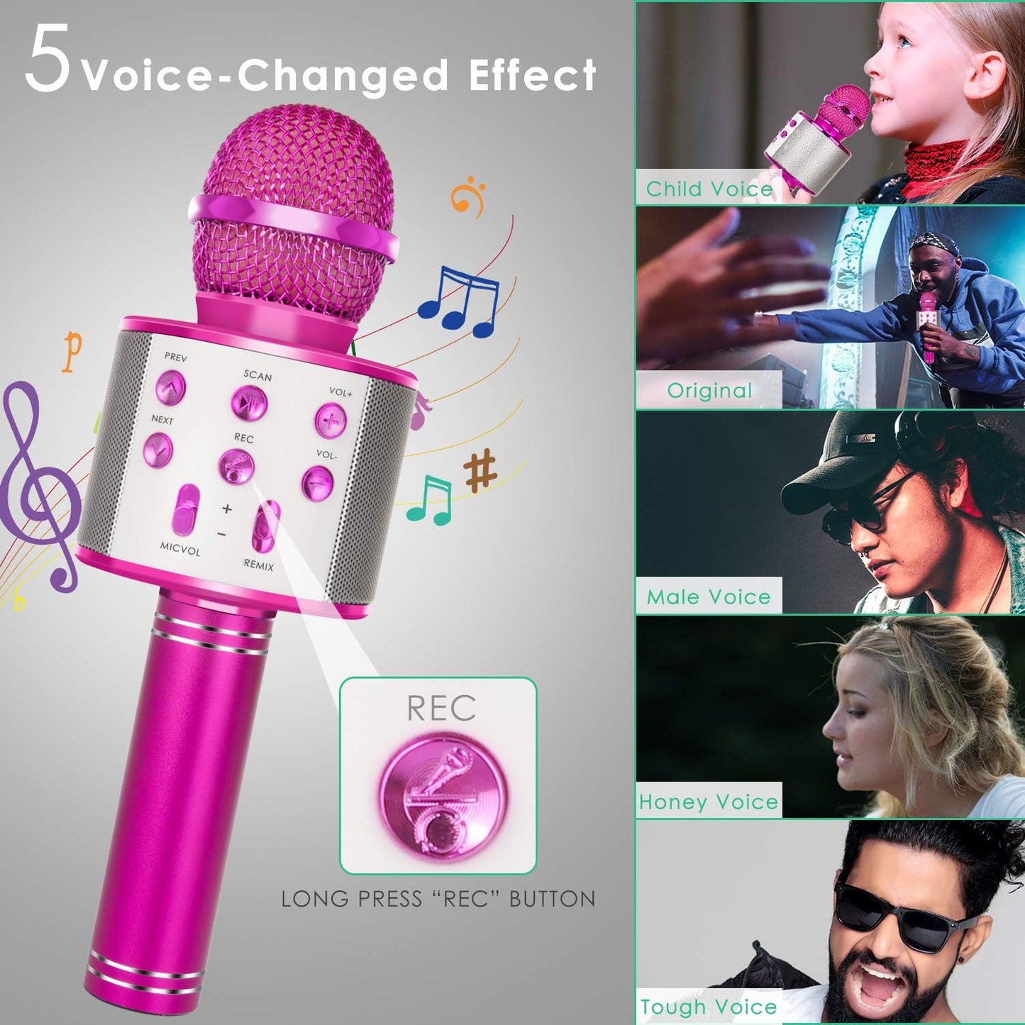 KIDWILL Wireless Bluetooth Karaoke Microphone for Kids, 5-in-1 Portable Handheld Karaoke Mic Speaker Player Recorder with Adjustable Remix FM Radio for Kids Girls Boys Teens Birthday-Hot Pink