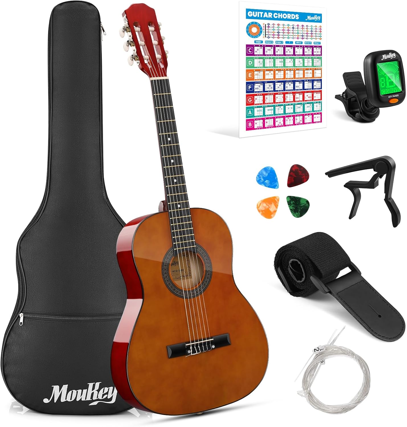 Moukey 36" Acoustic Guitar for Beginners Kids Youth 3/4 Size Dreadnought Travel Guitarra Acustica Kit with Chord Poster, Gig Bag, Tuner, Picks, Nylon Strings, Capo, Strap - Brown