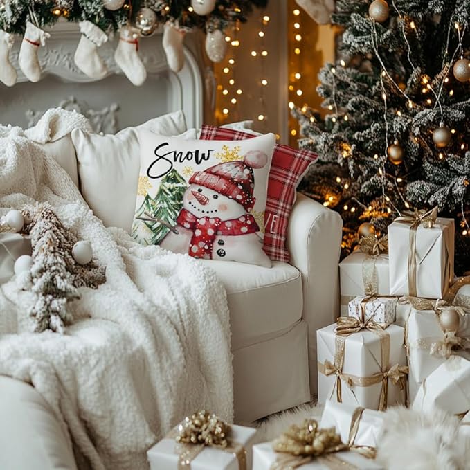 GEEORY Winter Christmas Throw Pillow Covers 18 x 18 Inch Set of 4, Xmas Trees Snowflake Snowman Joy Holiday Farmhouse Decorative Cushion Cases for Home Decoration G583-18