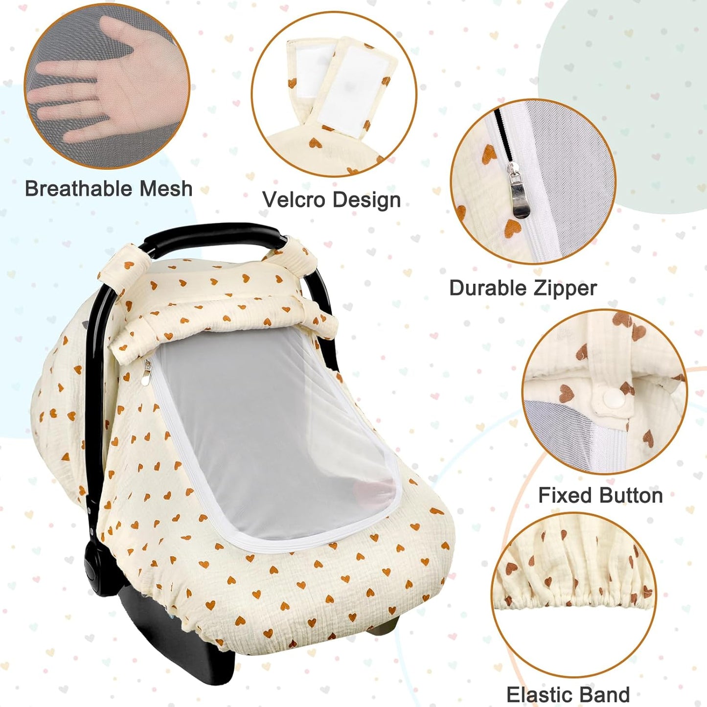 Hooyax Muslin Car Seat Cover Baby, Summer Car Seat Covers for Babies, Infants, and Newborns, Ultra Soft Breathable Universal Fit Stroller Carseat Canopy Covers for Boys Girls (Heart)