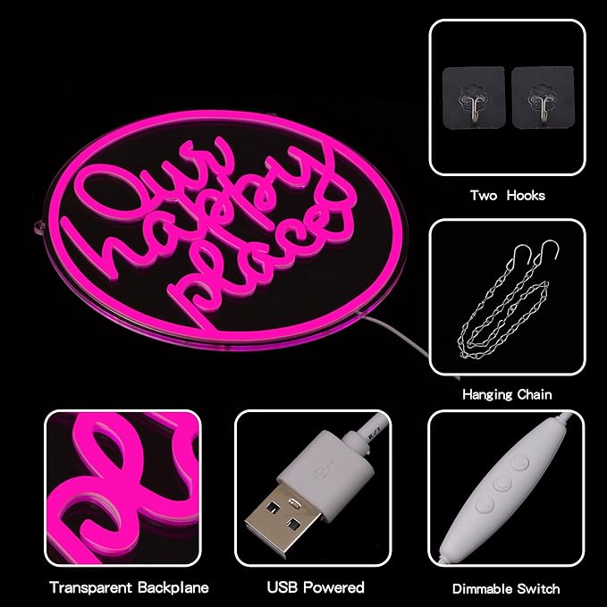 "Our happy place" Neon Sign Happy Place Neon Light for Wall Decor Letter Neon Signs Pink LED Neon Sign Round LED Neon Light for Bedroom Bar Party Birthday Club Decor