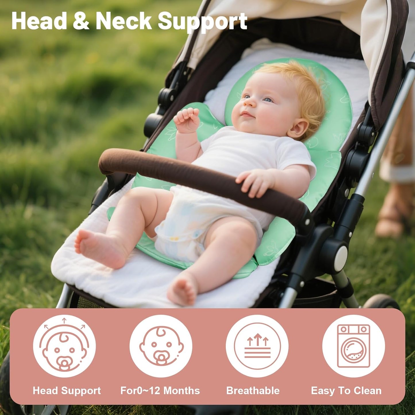 KAKIBLIN Infant Car Seat Insert, Baby Car Seat Cushion, Car Seat Head Support for Infant,Breathable Reversible Carseat Insert Support for Newborn Stroller, Baby Swing, Bassinets, Pushchair (Green)