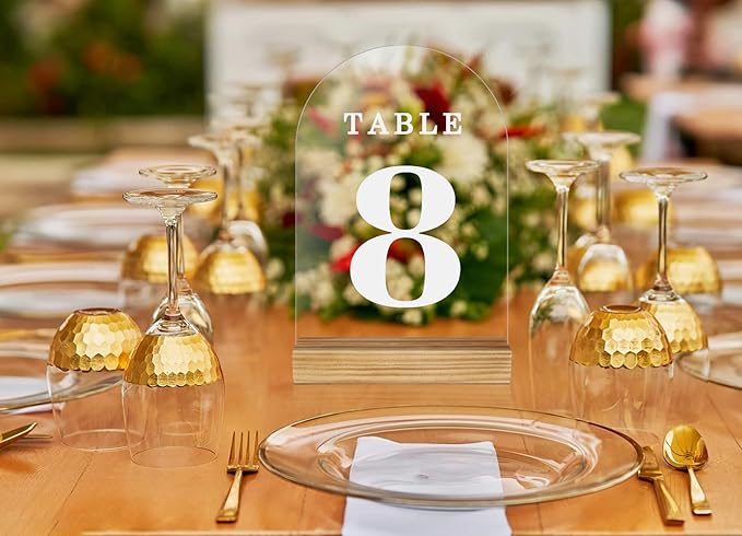 Clear Acrylic Sign with Wooden Stand Table Numbers DIY, 10 Pack Acrylic Sheets Table Signs for Wedding, 5x7 Inch Arch Signs Blank for Restaurant Party Bridal Shower (No printing included)
