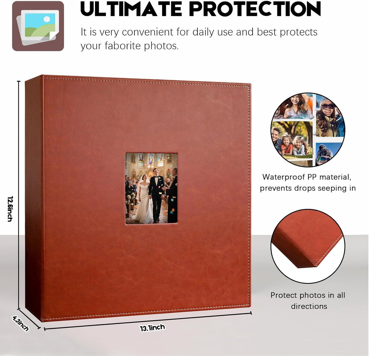 Aevdor 1000 Pockets Photo Album 4x6, Extra Large Capacity Leather Cover Wedding Family Picture Book Holds 1000 Horizontal and Vertical Picture, Acid-free Pages 4x6 Photo Album with Front Window, Brown