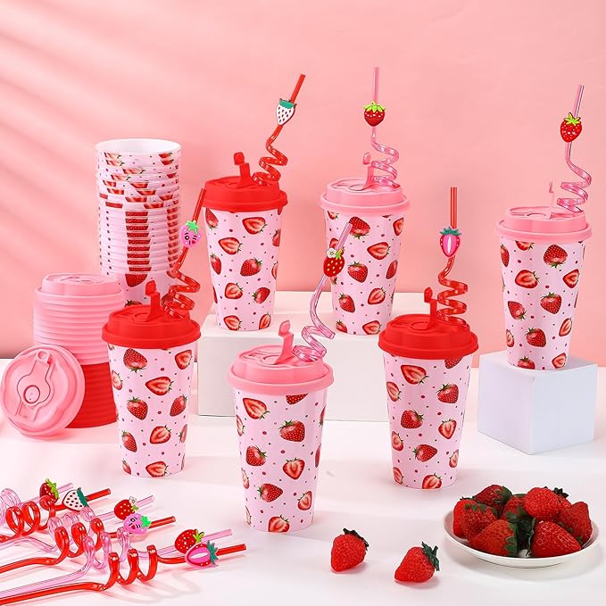 Yungyan 36 Sets Strawberry Party Favors Goodie Cups with Lids and Straws for Birthday Decorations Reusable 16oz Plastic Candy Cups Plastic Straws for Birthday Party (Strawberry)