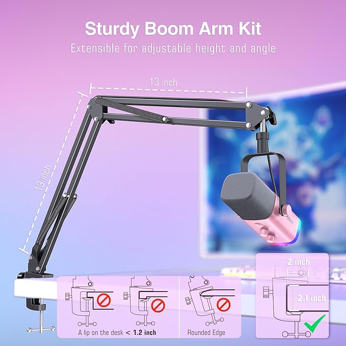 FIFINE XLR Gaming Microphone USB, PC Dynamic Microphone Kit for Vocal, Recording, Podcast, Streaming RGB Mic with Headphone Jack, Mute Button, Boom Arm Stand for Computer/Mixer-AmpliGame AM8T Pink