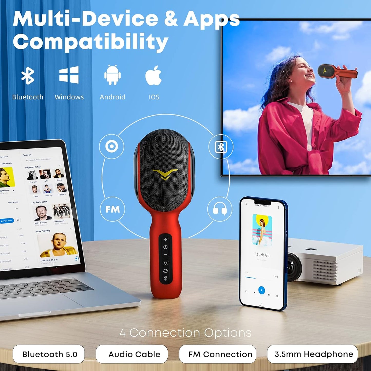 Wireless Bluetooth Karaoke Microphone, 5-in-1 Portable Handheld Mic Speaker with Dynamic RGB Lights, Mini Karaoke Machine for Car Travel Home Party, Music Recording, Duet Singing, Gift for Kids Adults