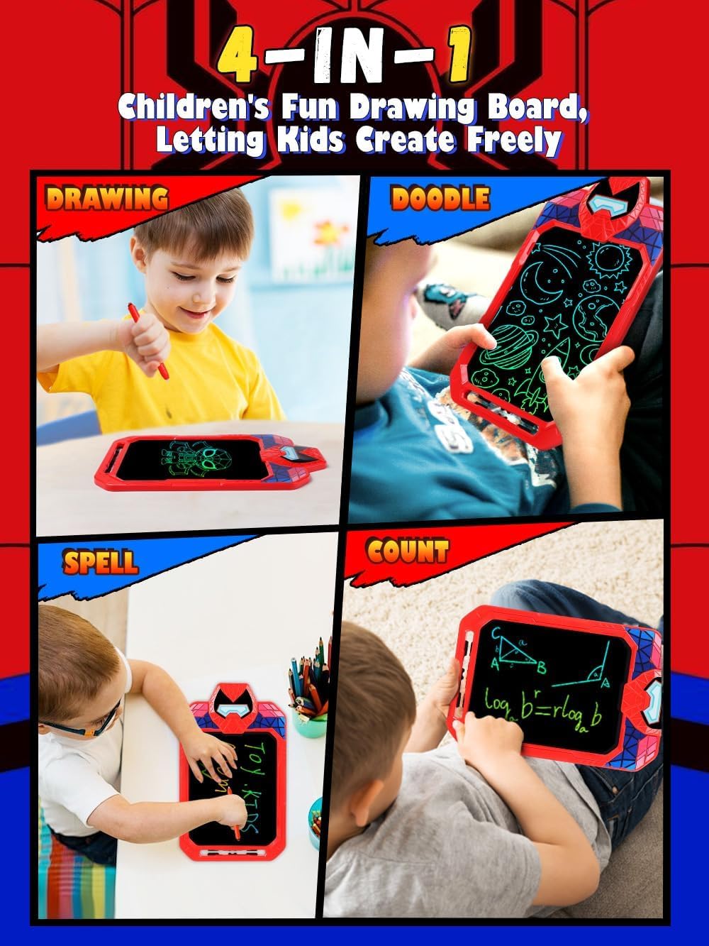 LCD Writing Tablet for Kids 10 Inch Spider Hero for Toddler 2 3 4 5 6 - Paint, Doodle Board, Drawing Pad - Travel Toys, Road Trip Car Activities, Birthday Christmas Gift Boys & Man