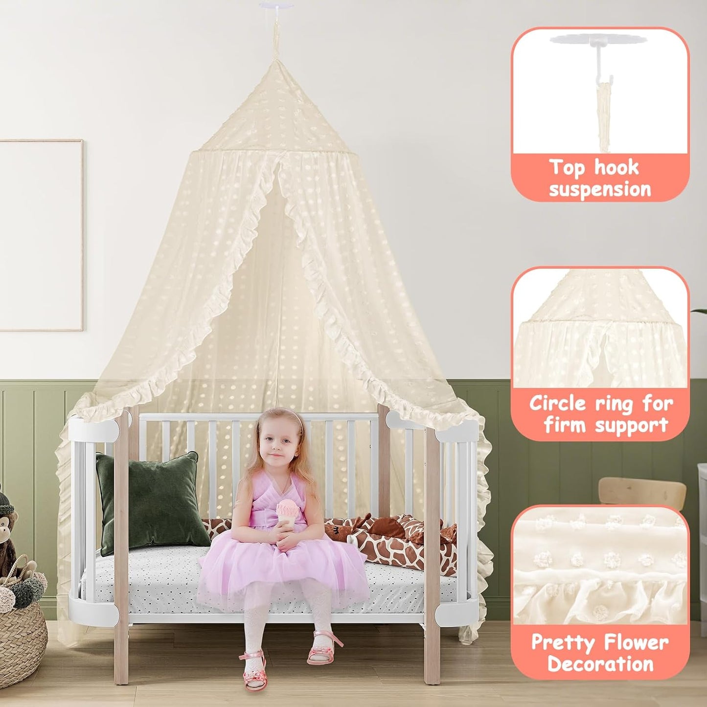 Princess Bed Canopy for Girls - Crib Canopy for Bed - Mosquito Net for Bed, Kids Bed Canopy with Princess Room Decor for Girls Bedroom,Children's Reading Room Decor (Beige)