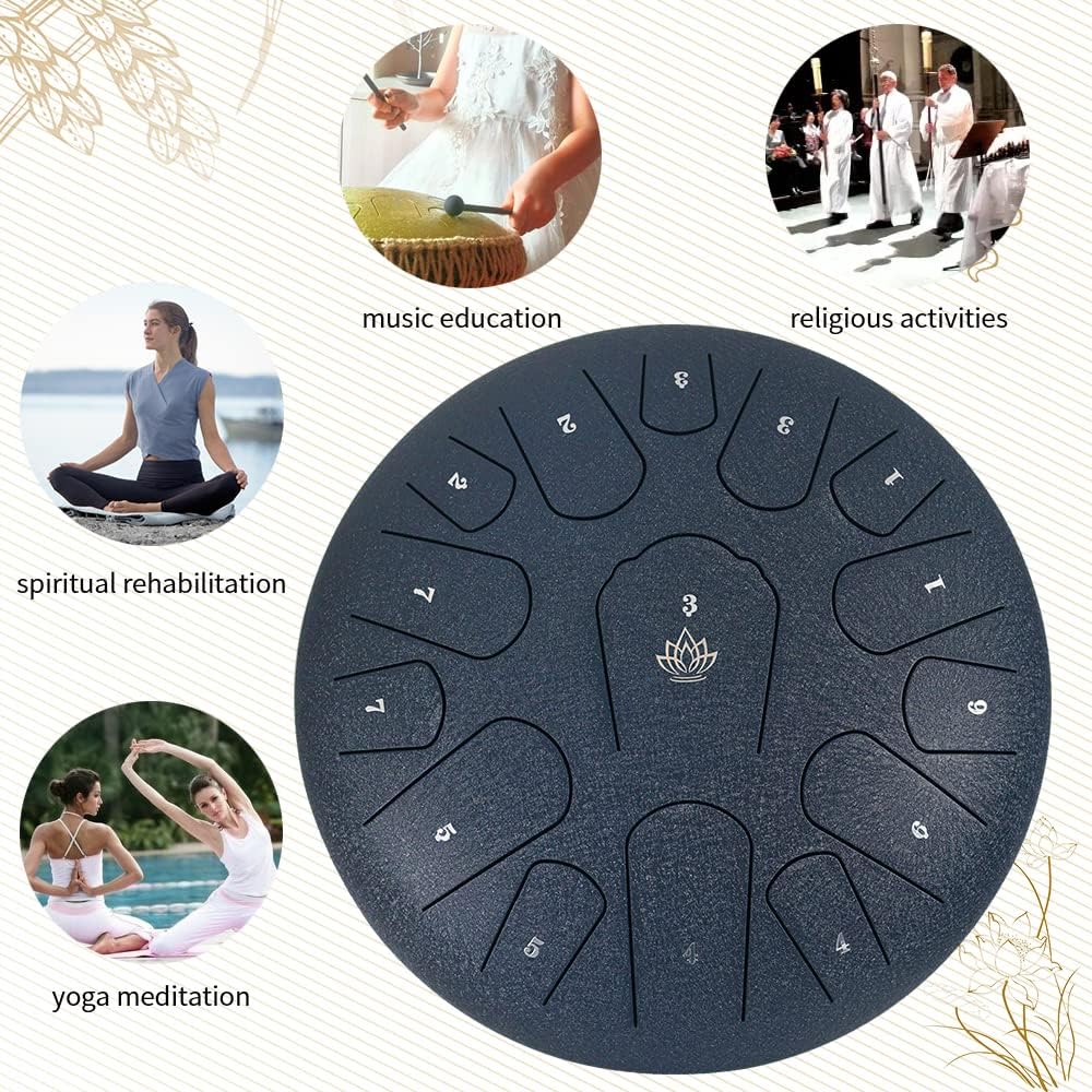 Rain Drum for Outside Garden,Steel Tongue Drum 12 Inches 15 Notes Musical Instruments, Handpan Drum Percussion Instrument, with Soft Bag, Music Book, 2 Mallets, for Meditation or Yoga(Navy Blue)