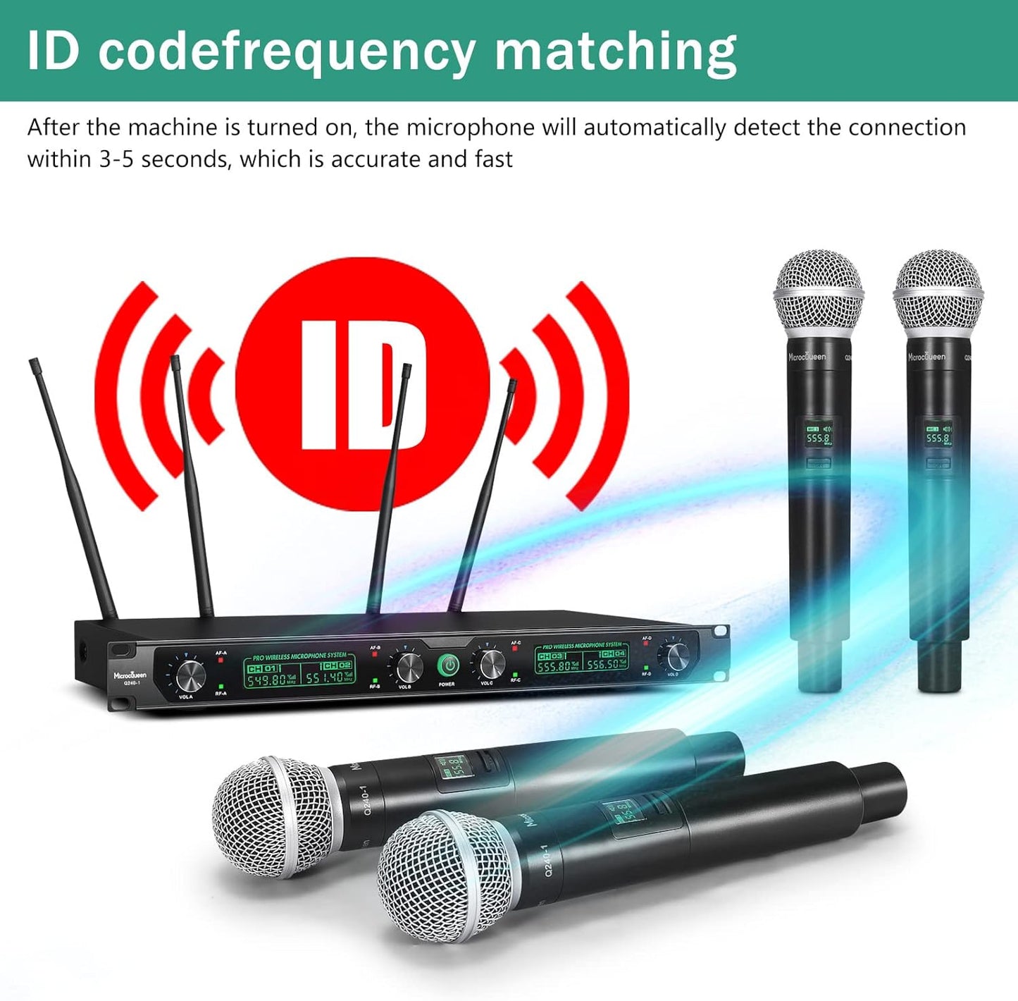 Wireless Microphone System, 4-Channel UHF Professional Mic, Automatically Pair Metal Cordless Mic with 4 Metal Handheld Microphones, 400ft Range, for Singing, Karaoke, Party