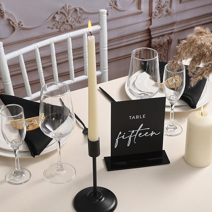 UNIQOOO Black Wedding Double Sided Table Numbers with Stands 1-15 set, 5x7'' Acrylic Signs with Holders and Printed Calligraphy, Seat Display Wedding Decor Perfect for Centerpiece, Reception