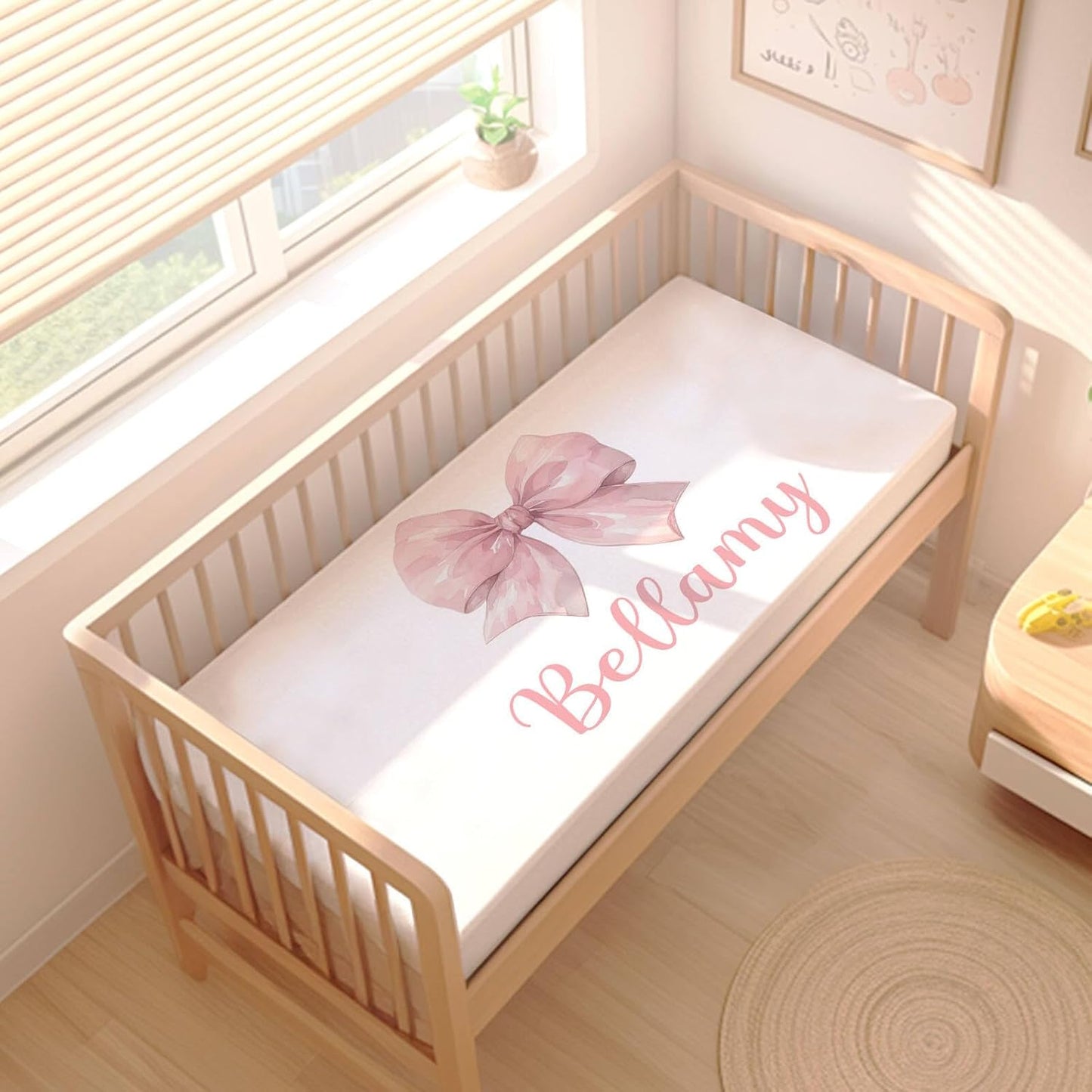 Personalized Baby Girl Crib Bedding Set – Custom Name Bow Pink 3-Piece Nursery Set with Soft Flannel Blanket, Fitted Sheet & Pillowcase – Infant & Toddler Bedding Gift