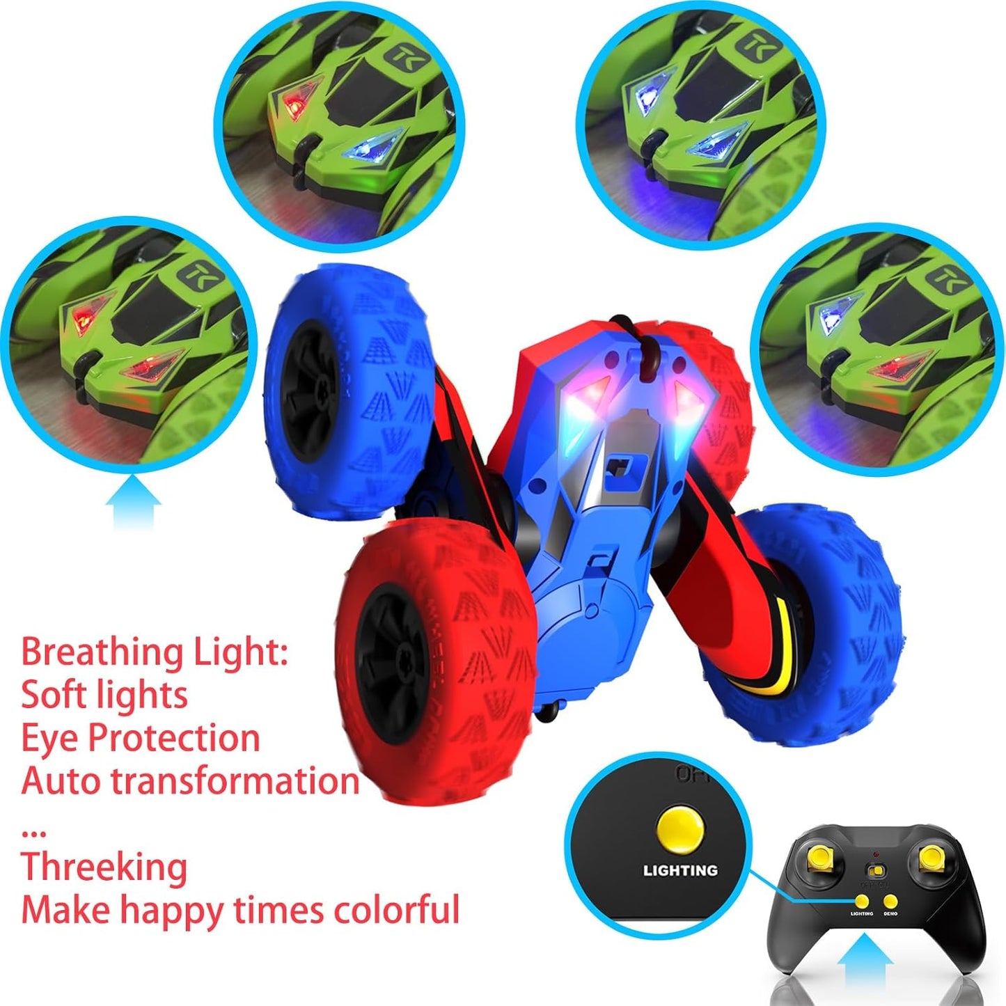 Threeking RC Stunt Car Remote Control Cars with Lights Double-Sided Driving Indoor Outdoor Toys Gifts Presents for 6 7 8 9 10 11 12 Year Old Kids Boys Girls