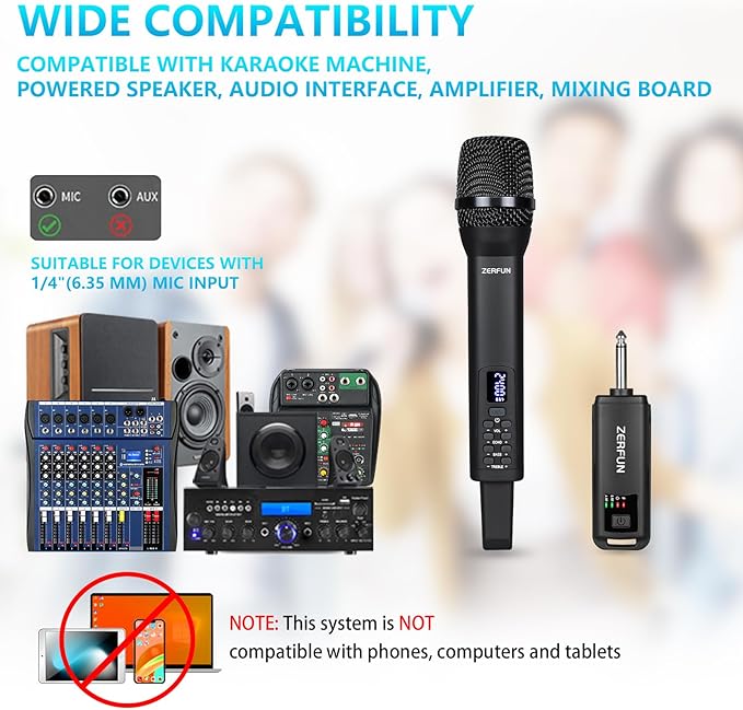 Rechargeable Wireless Microphone, Pro Handheld Cordless Mics System Dynamic with Echo Treble BASS VOL Control for Karaoke Singing Church Party, 1/4'' Output, D240, Black