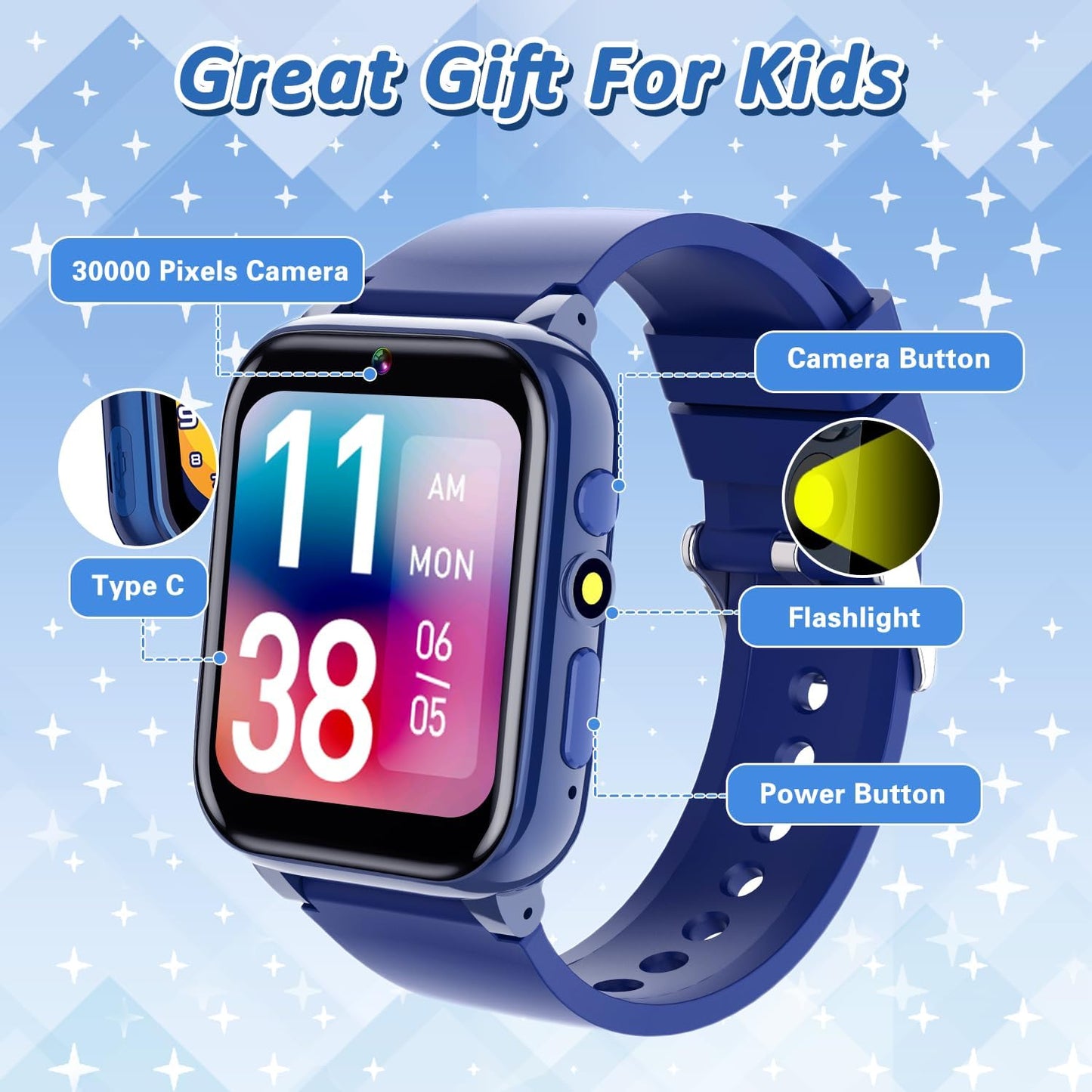 Upgrade Kids Smart Watch for Kids with 32 Puzzle Games HD Camera Video MP3 Player Audio Book Pedometer Flashlight 12/24 hr Kids Watches Gift for 4-12 Year Old Boys Toys for Kids