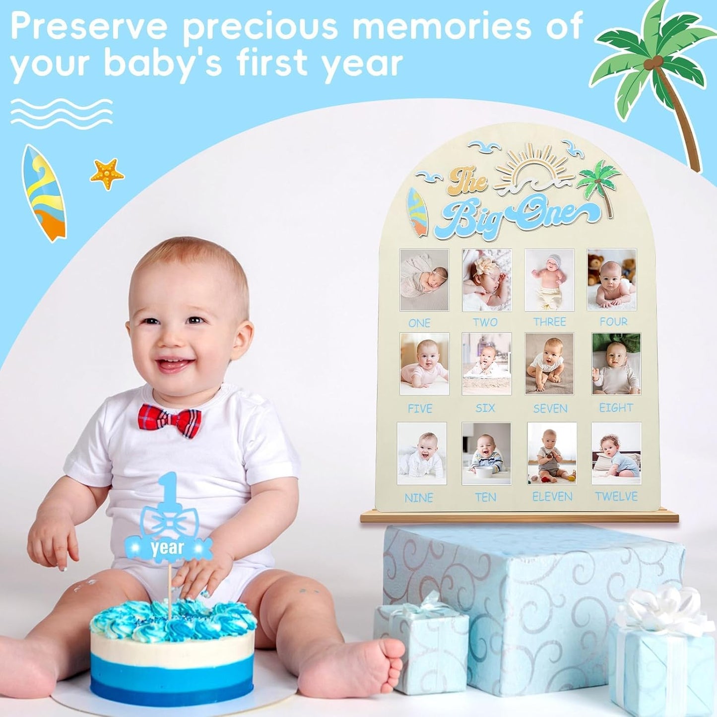 The Big One Photo Board Surf Birthday Party Wooden Board Decorations 12 Monthly Milestone Picture Frame One Year Old Wood Sign 1st Birthday Photo Banner for Baby Keepsake Gift Summer Beach Supplies