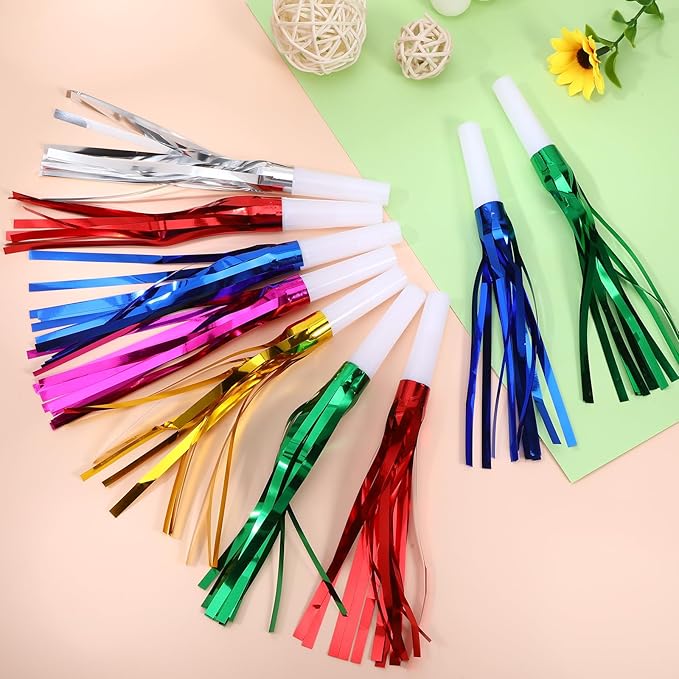 24 Pcs Party Horns, Party blowers Noise Makers, Graduation Noise Makers Glitter Metallic Fringed Birthday Blowers for Wedding Birthday Graduation Ceremony Festival (6 Colors)