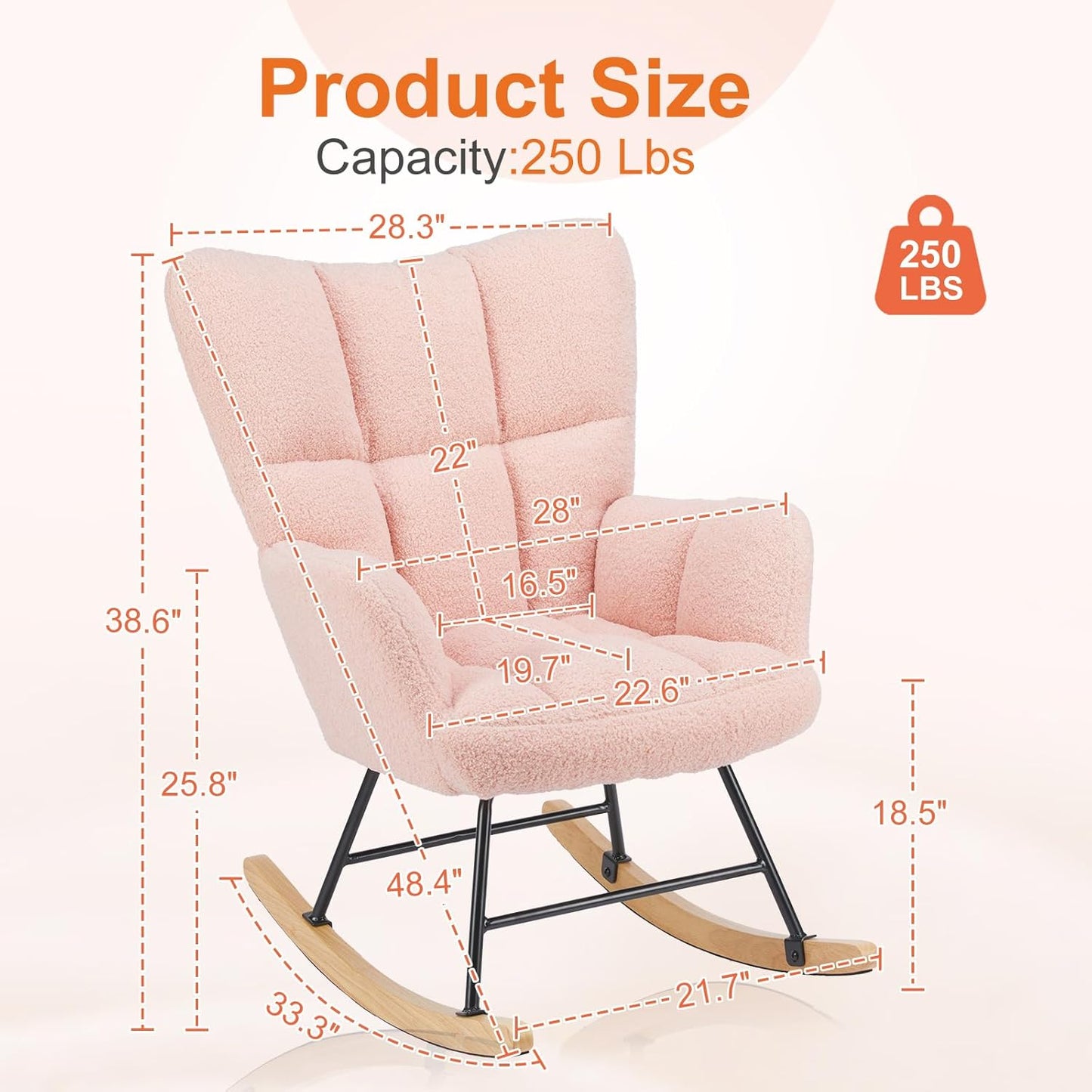Sweetcrispy Rocking Chair Nursery, Teddy Upholstered Glider Rocker with High Backrest, Reading Chair Modern Rocking Accent Chairs Glider Chair for Nursery, Living Room, Bedroom, Baby Pink