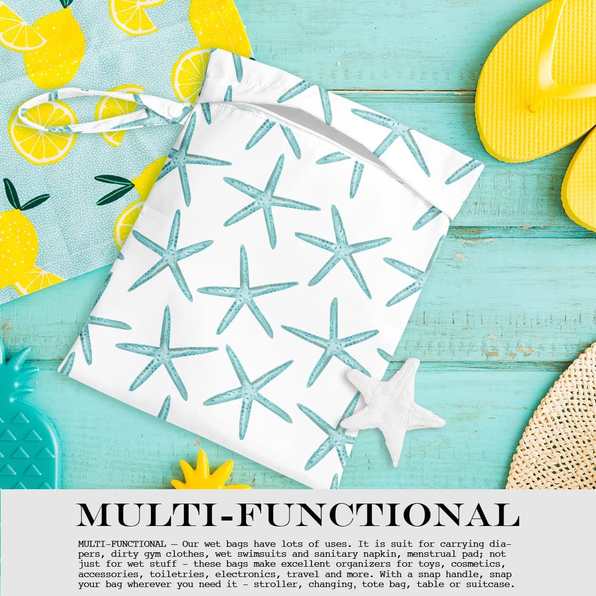 Wet Dry Bag for Swimsuit, Travel, Beach, Pool, Diapers, Dirty Yoga Gym Clothes, Makeup, Waterproof Reusable Beach Bag with Ocean Decor Starfish Sea Horse Anchor