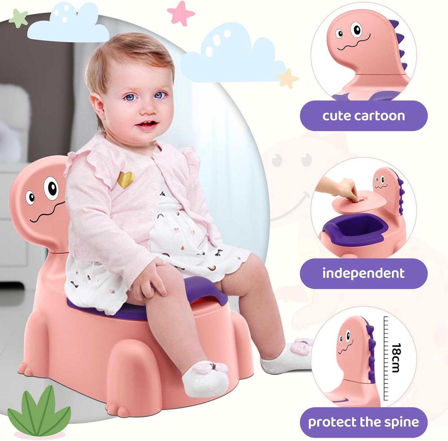 Potty Seat Baby Training Chair Boys Girls Toddler Dinosaur Comfortable children 1-5 years old Baby toilet Animal seat with lid back potty trainer (Pink)