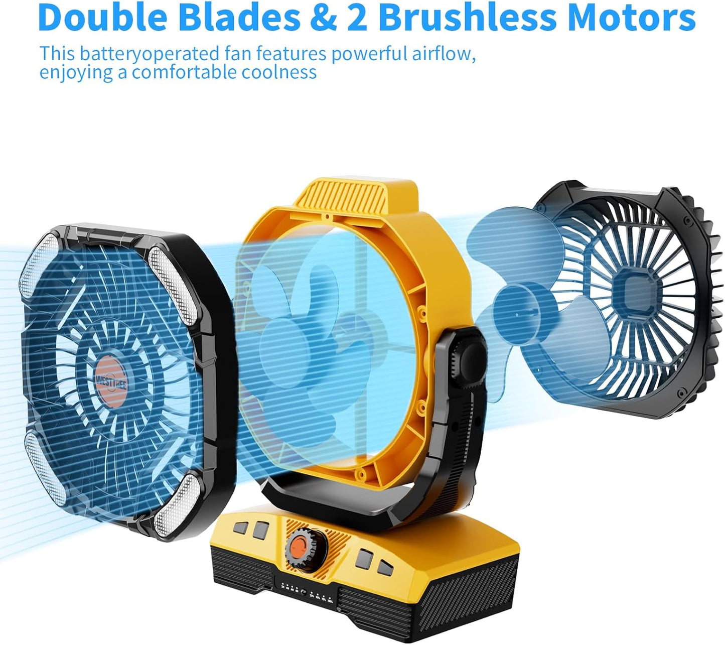 Camping Fan 20000mAh Rechargeable Battery Operated fan Outdoor Tent Fan with Light & Hook 270° Pivot, knob Speeds, Personal fan USB Desk Fan for Camping Power Outage Yellow X68