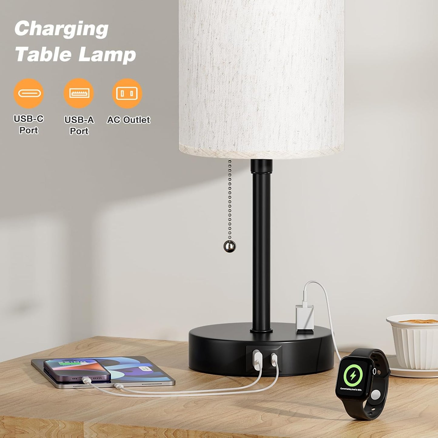 Pull Chain Table Lamp for Bedroom - 3 Color Temperatures, USB A + C Charging, AC Outlet, 17.4 inch Tall Bedside Lamp with E26 LED Bulb