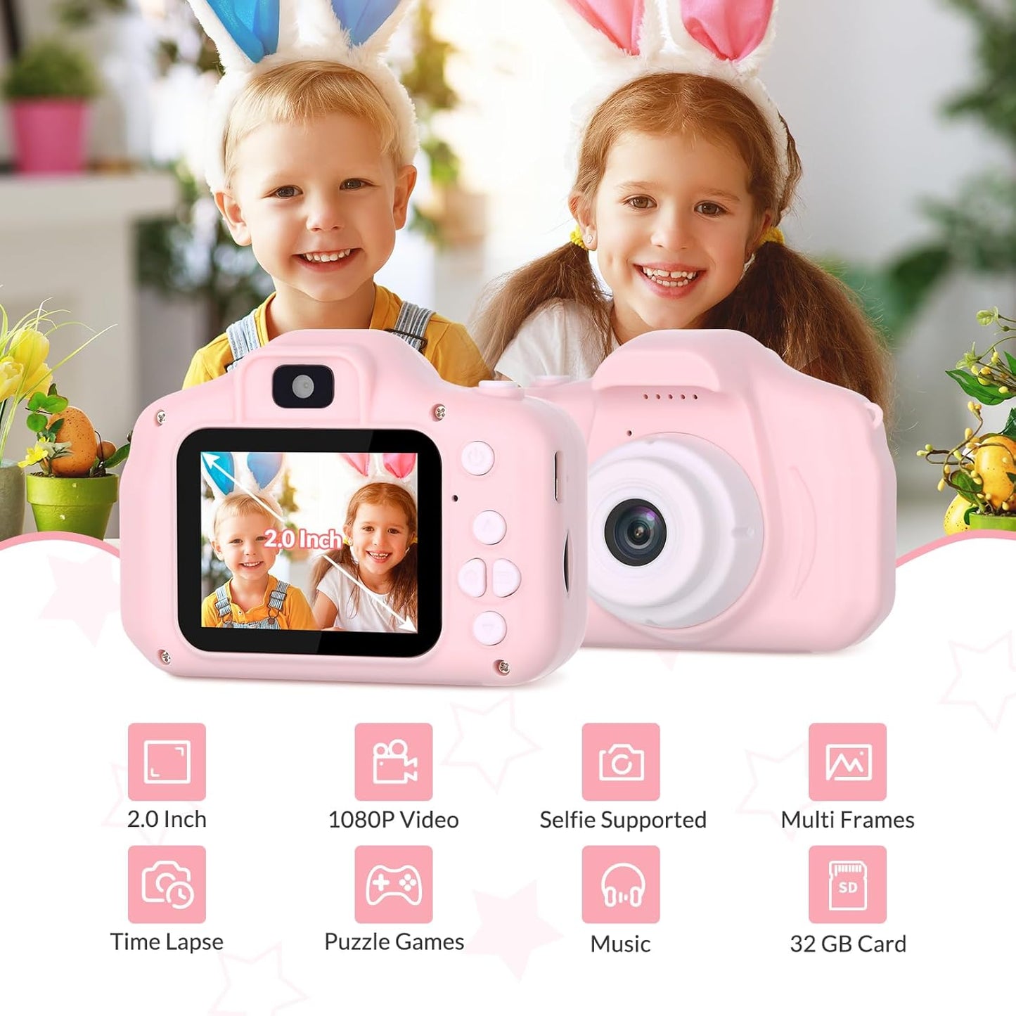 Mafiti Kids Camera,26MP HD Mini Selfie Digital Camera for Kids,Toddler Camera1080P Video,Outdoor Toy for Holiday,Birthday Xmas Gift for 3-8 Years Old Girl Boy,Pink
