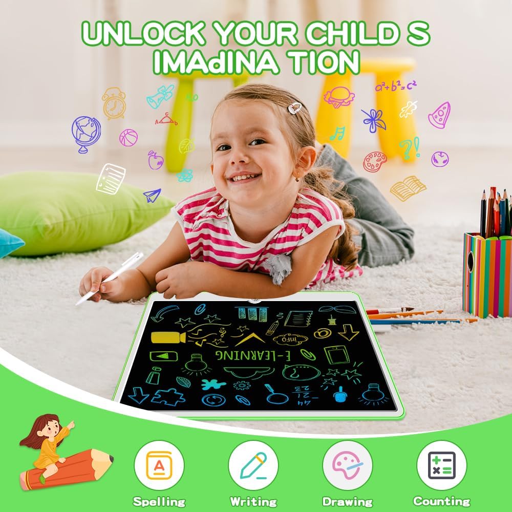 19 Inch LCD Writing Tablet for Kids Ages 3-9, Reusable Doodle Board with Stylus Pen, Type-C Rechargeable Drawing Pad, Educational Travel Toy for Boys & Girls, Perfect Birthday & Holiday Gift Green