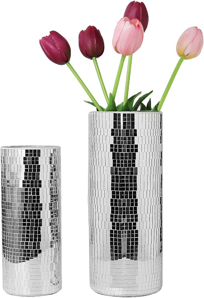 WDHODEC Disco Vase for Flowers 2 PCS Glass Mirror Vases for Living Room, Dining Room Centerpieces, Wedding Office Decorative Display Fresh Flowers, Candles, Or Seasonal Decorations