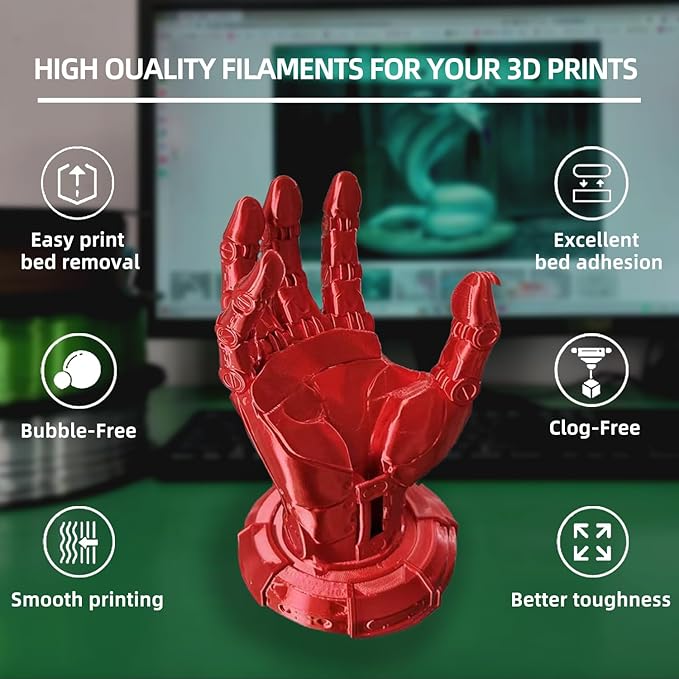 PLA Filament, Silk PLA, 3D Printer Filament, PLA Filament 1.75mm Dimensional Accuracy +/- 0.02mm, 1KG Spool (2.2 lbs), Fit Most FDM Printer (Silk Red)