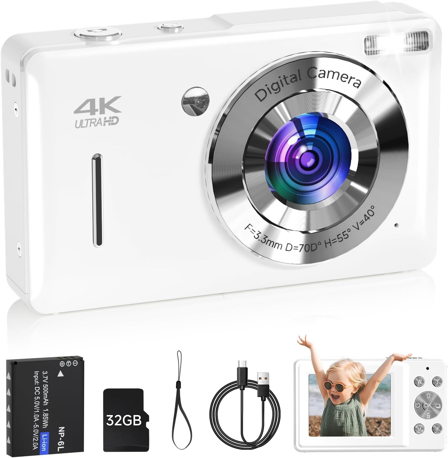 Digital Camera for Kids, FHD 1080P 44MP Point and Shoot Digital Camera with Face Detect, Smile Capture, 18X Zoom, 20 Filters, Anti Shake, 32GB SD Card White Compact Vintage Camera for Kids Boys Girls