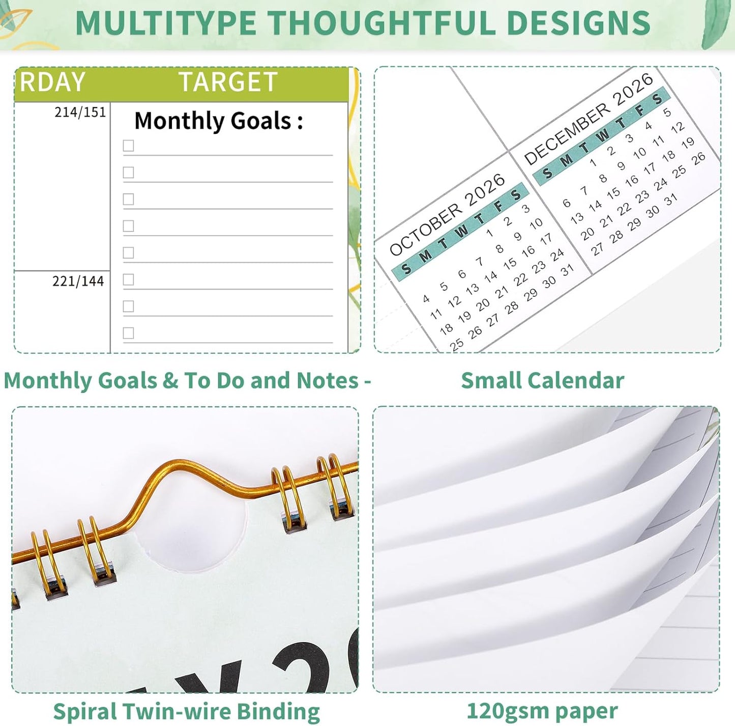 Wall Calendar 2025-2026, 18 Month Large Desk Calendar from July 2025 to December 2026 14.5" x 11.8" Monthly Calendar with Twin-Wire Binding for Home Office Planning Personal Organisers, Green Leaf