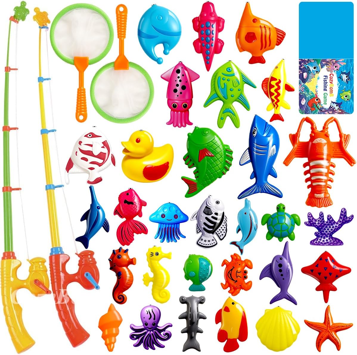 CozyBomB™ Magnetic Fishing Toys Game Set for Kids | Water Table Bathtub Kiddie Pool Party & Pole Rod Net, Plastic Floating Fish Toddler Color Ocean Sea Animals Birthday Age 3 4 5 6 Year
